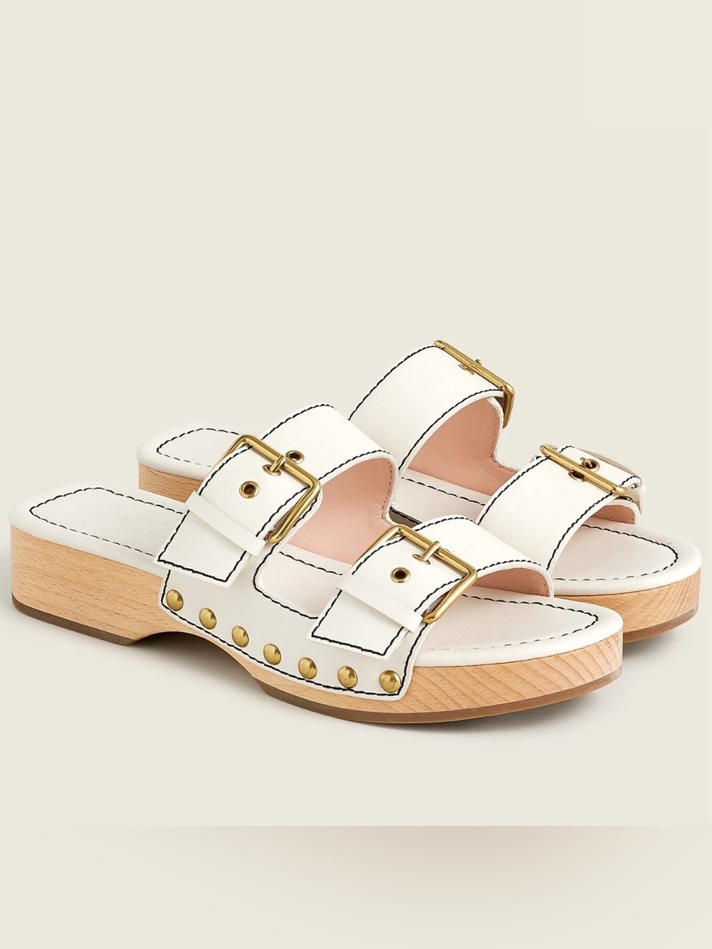 J. Crew Ivory leather Double-Buckle Slide Clogs with Gold Accents sandals 11